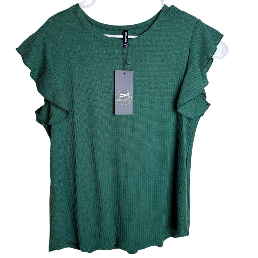 Iwollence Shirt Top Waffle Knit Ruffle Sleeve Crew Neck Size XL Green NWT